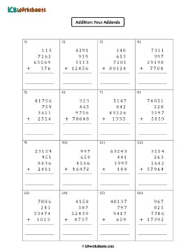 Addition of 4 Addends | 3-digit, 4-digit, and 5-digit