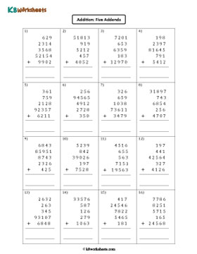 Addition of 5 Addends | 3-digit, 4-digit, and 5-digit