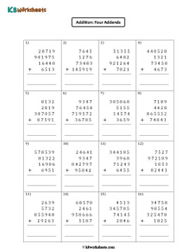 Addition of 4 Addends | 4-digit, 5-digit, and 6-digit