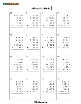 Addition of 5 Addends | 4-digit, 5-digit, and 6-digit