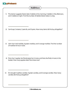 Single-digit Addition Word Problems | 3 Addends