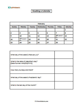 Reading a Monthly Calendar | February