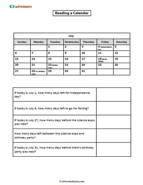 Reading a Monthly Calendar | July