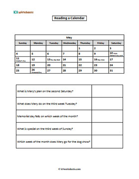 Reading a Monthly Calendar | May