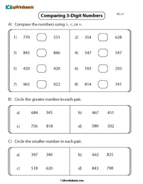 Comparing and circling 3-digit Numbers | < or > or = - 1