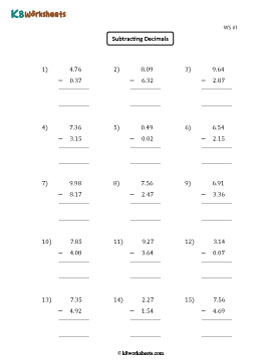 Subtracting Hundredths | Single Digit Whole Part | Column 1