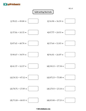 Subtracting Hundredths | 2 Digits Whole Part | Horizontal 1