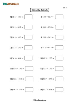 Subtracting Tenths | 2 Digits Whole Part | Horizontal 1