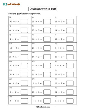 Dividing Numbers within 100 by 2, 3, 4, and 5