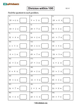 Dividing Numbers within 100 by Single-digit Divisors 1