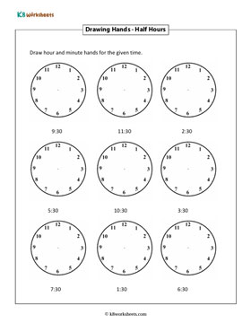 Drawing Hands on Clock Faces | Half Hours